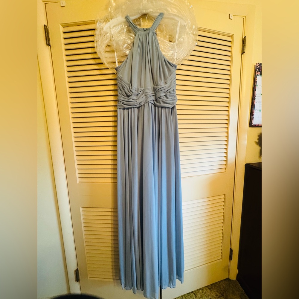 Dusty Blue High-Neck Mesh Dress with Full Skirt